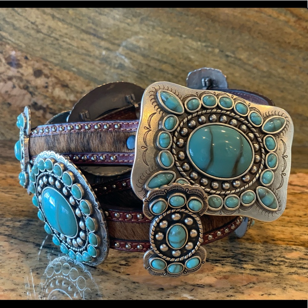 Faux turquoise western concho belt 36”
